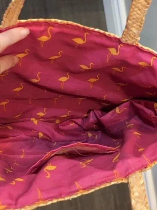 FAF INC. Natural Straw Tote Beach Travel Picnic Shopper Bag Pink Flamingo - Picture 7 of 14